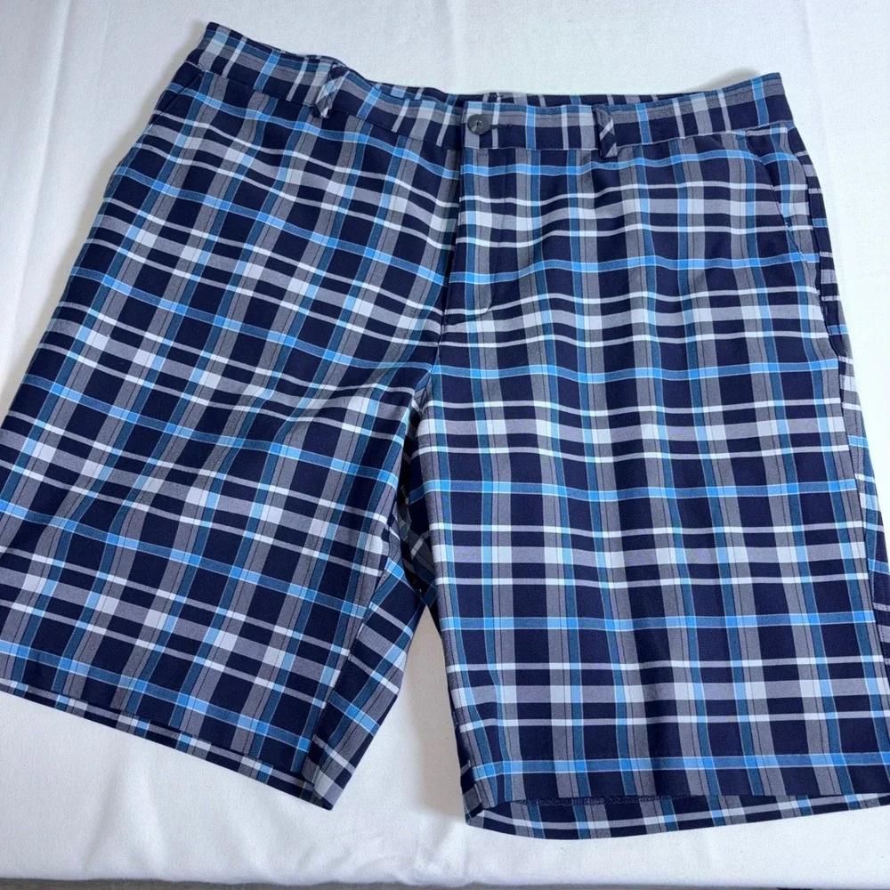 Adidas Golf Shorts 38 Blue Plaid Excellent Performance Polyester Mens Activewear